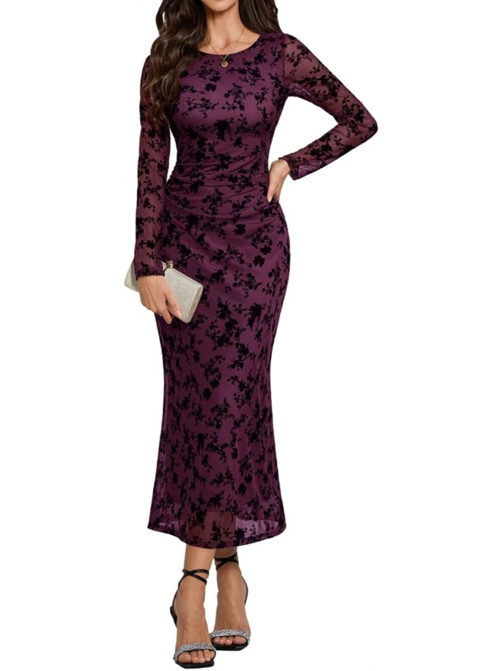 Women's Mesh Maxi Long Sleeve Floral Bodycon Burgundy Guest Cocktail Party Dress